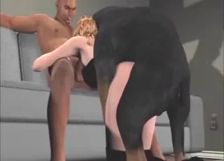 Redheaded girl spit-roasted by a dog in 3D animation