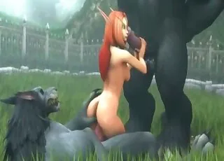 Redheaded chick fucks werewolf in short zoo clip